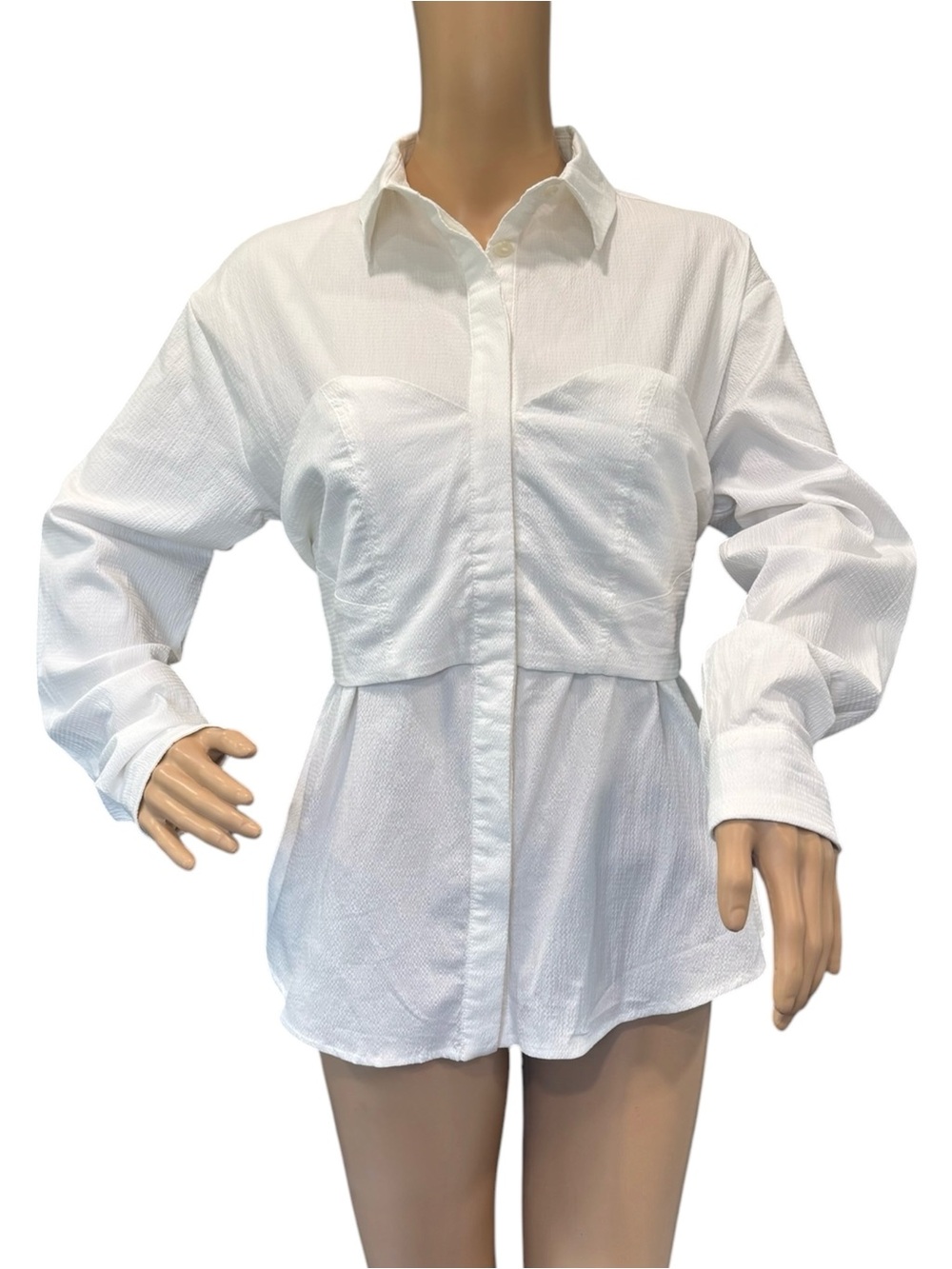 Sovere White Womens Sz S Button-Up Shirt With Bust Layer Detail Textured Cotton